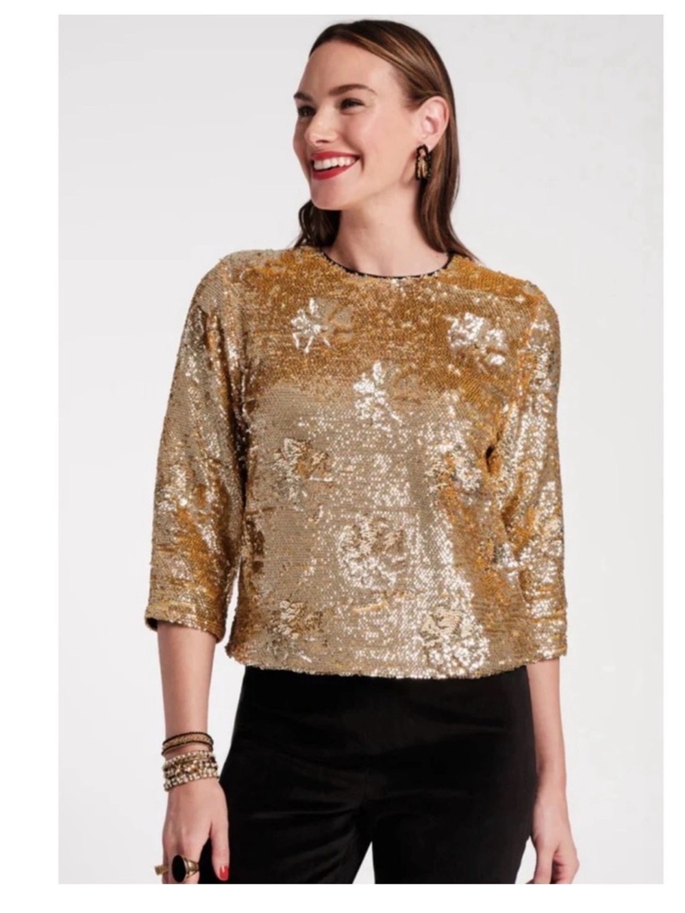 Frances Valentine Taylor Blouse M Gold Sequin Party Holiday Statement NWT